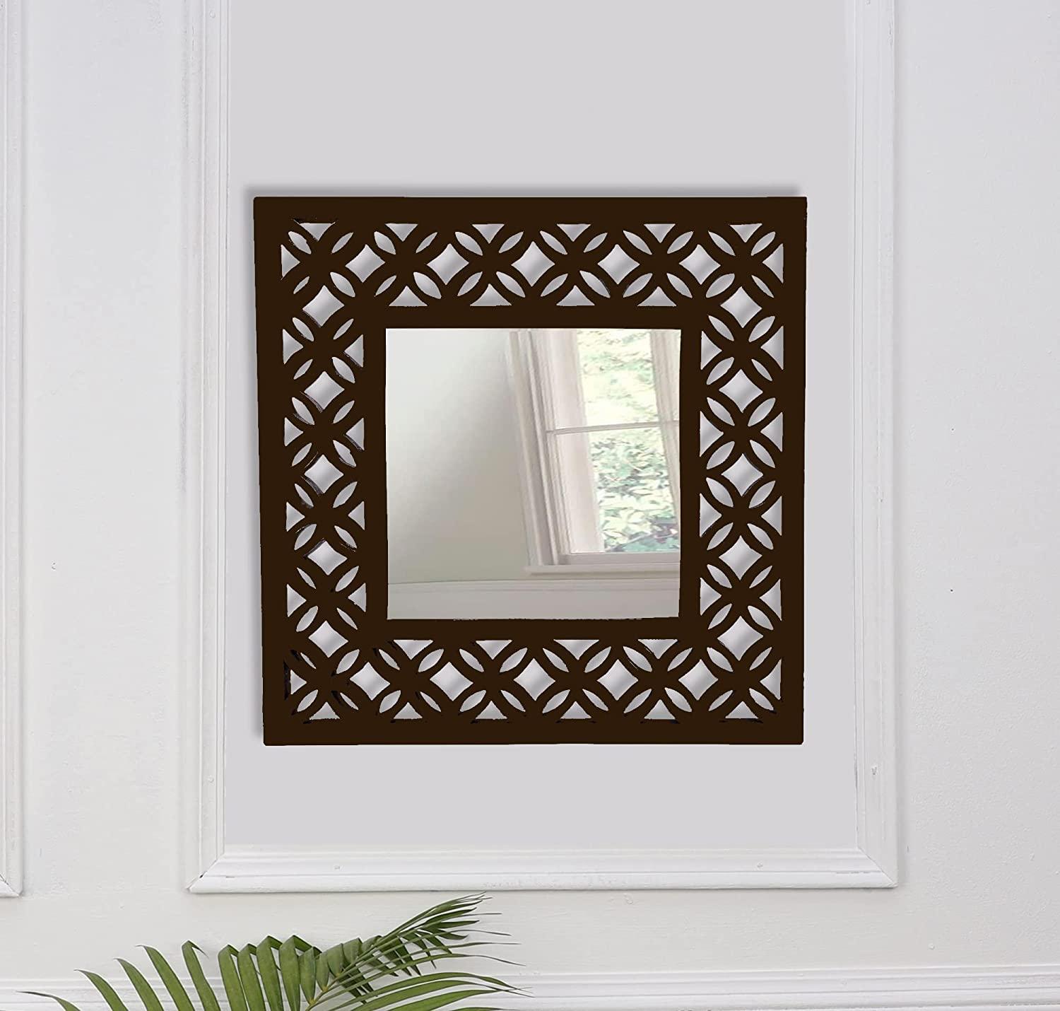 Decorative & Hand Crafted Wooden Wall Mirror in Walnut Finish ( 45 x 45 cm) - Ouch Cart