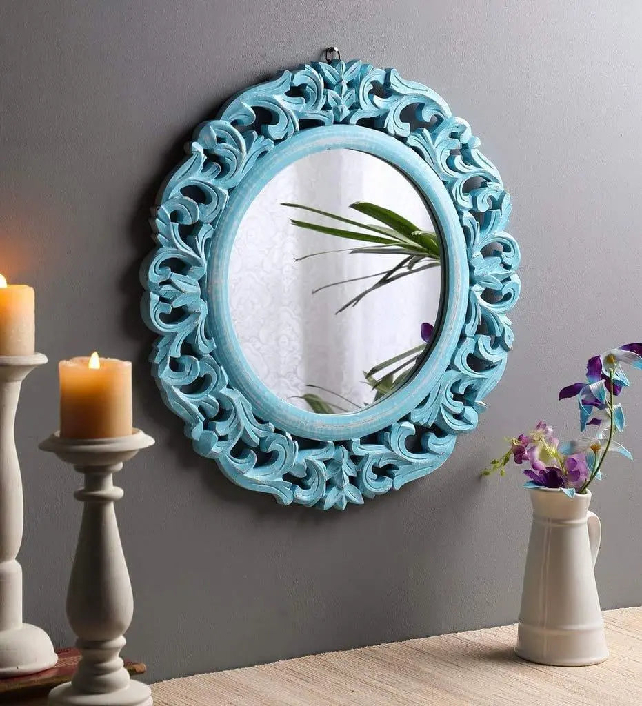 Wood Hand Crafted Round Shape Vanity Wall Mirror Glass for Living Room, 20"X 20" Blue, Framed - Ouch Cart