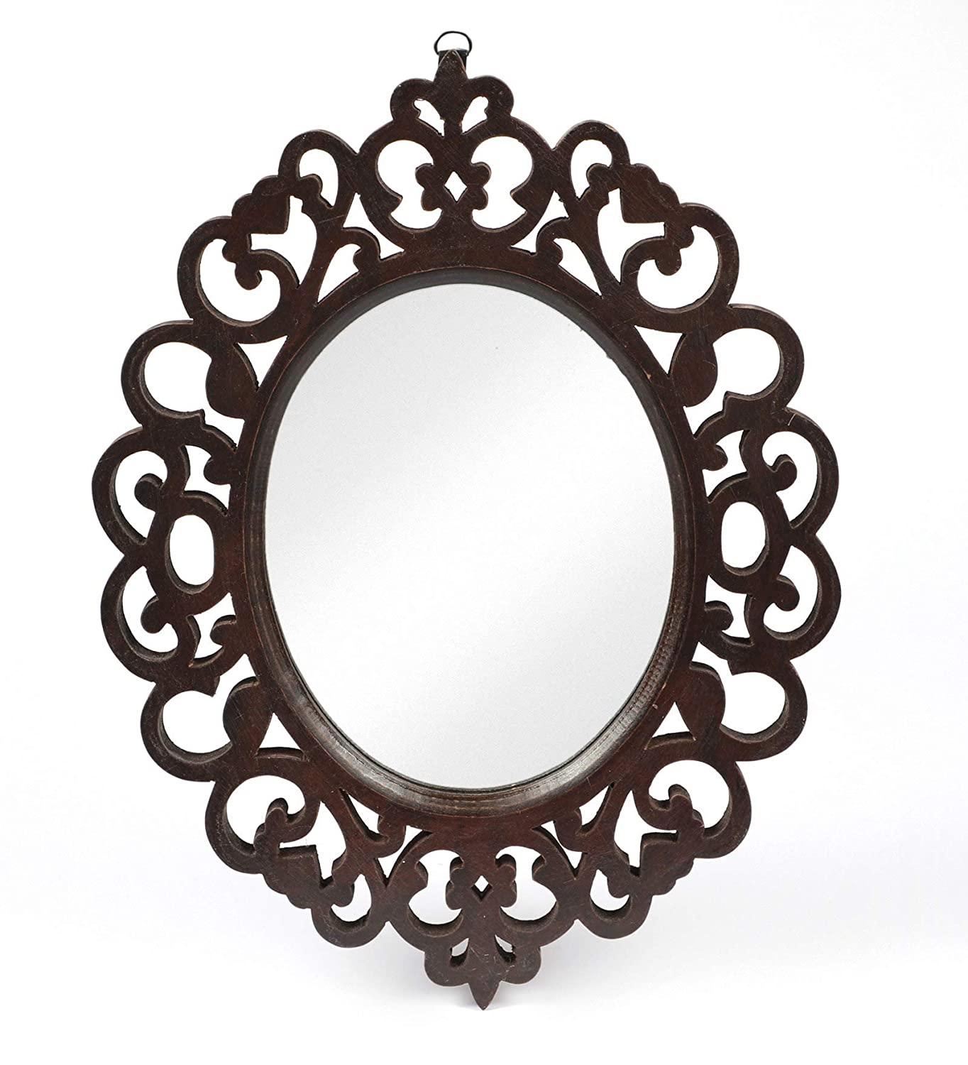 Engineered Wood Oval Decorative Wall Mount Mirror (18 x 14 inch, Brown), Model: TUS-MR-47, Framed - Ouch Cart