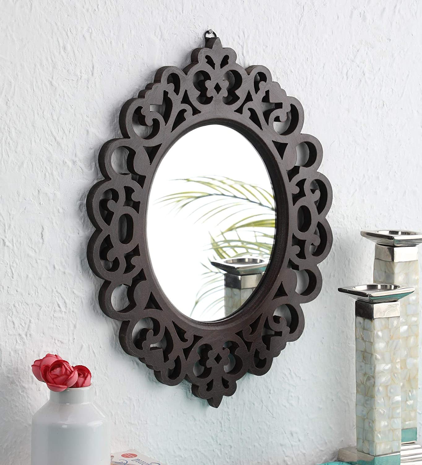 Engineered Wood Oval Decorative Wall Mount Mirror (18 x 14 inch, Brown), Model: TUS-MR-47, Framed