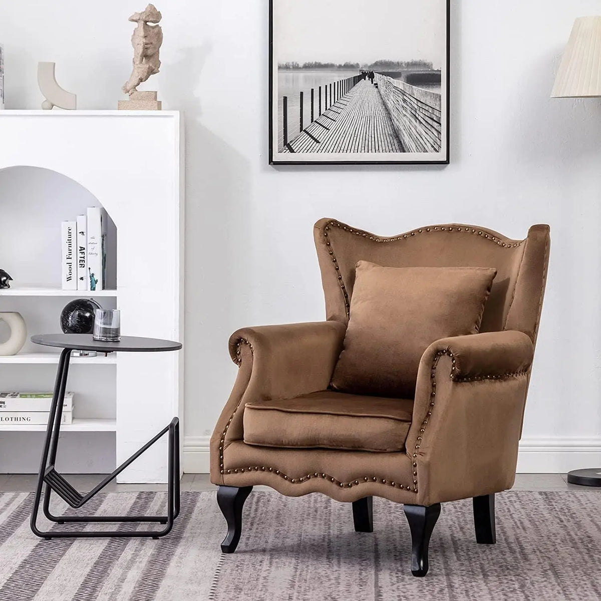 Modern Armchair with Pillow, Retro Button Tufted Upholstered Lounge Seat, Comfy Wooden Frame Reading Chair for Living Room, Bedroom, Brown - Ouch Cart