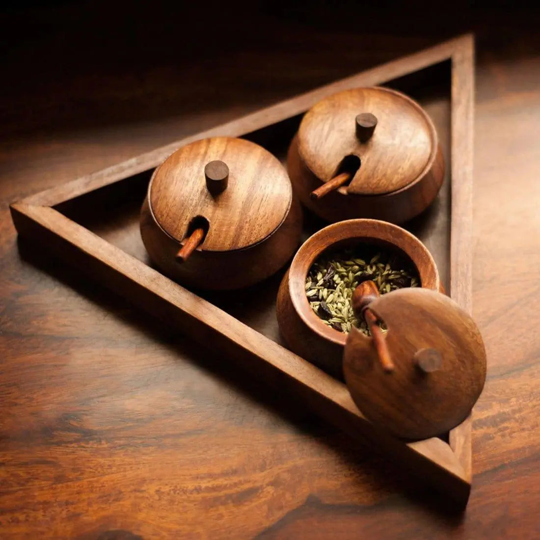 SHEESHAM WOOD TRIANGULAR CONTAINER TRAY SET WITH SPOONS - Ouch Cart