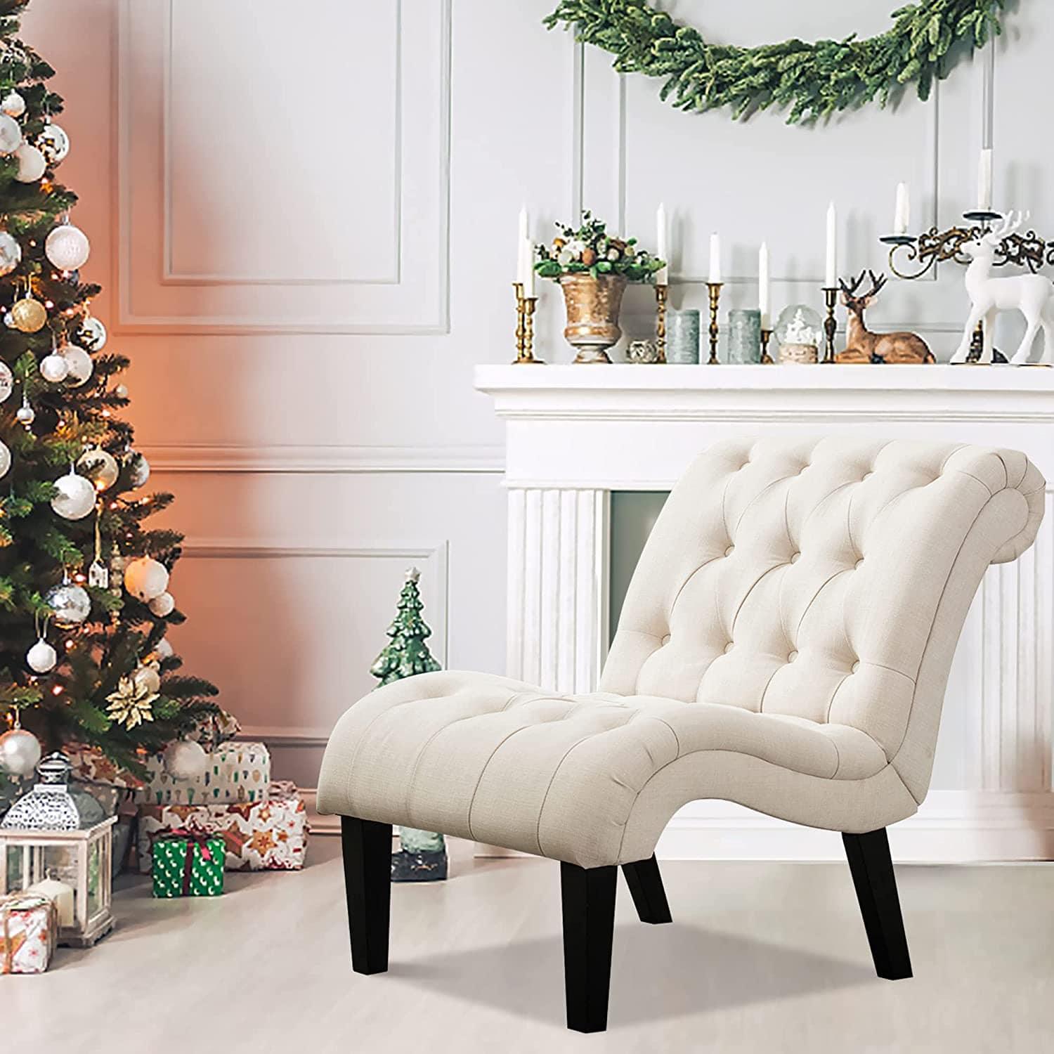 Upholstered Accent Chair for Bedroom Living Room Chairs Lounge Chair with Wood Legs Cream Fabric - Ouch Cart