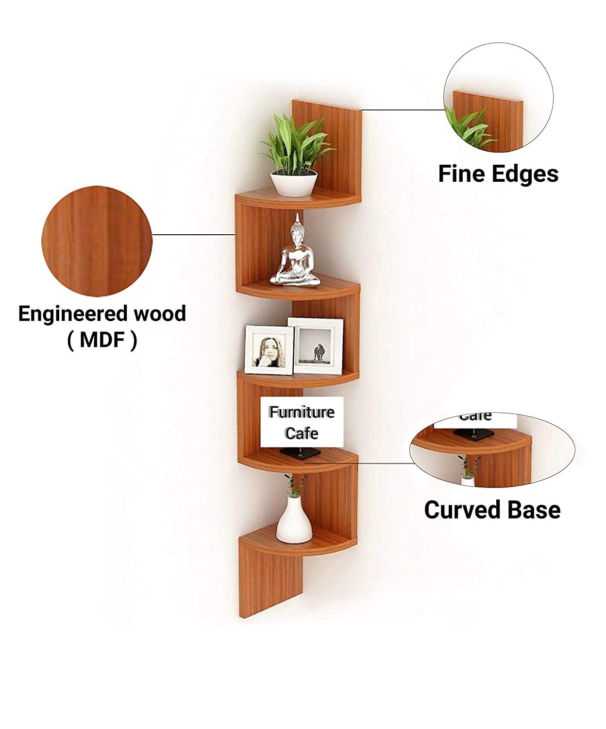 Wooden Wall Shelves | Corner Hanging Shelf for Living Room Stylish | Zig Zag Home Decor Floating Display Rack Storage Organizer Unique Design with Brown Finish 5 Tiers (Set of 2) - Ouch Cart