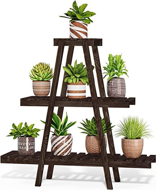 triangle plant stand indoor Goretti Triangular Multi-Tiered Mahogany Plant Stand