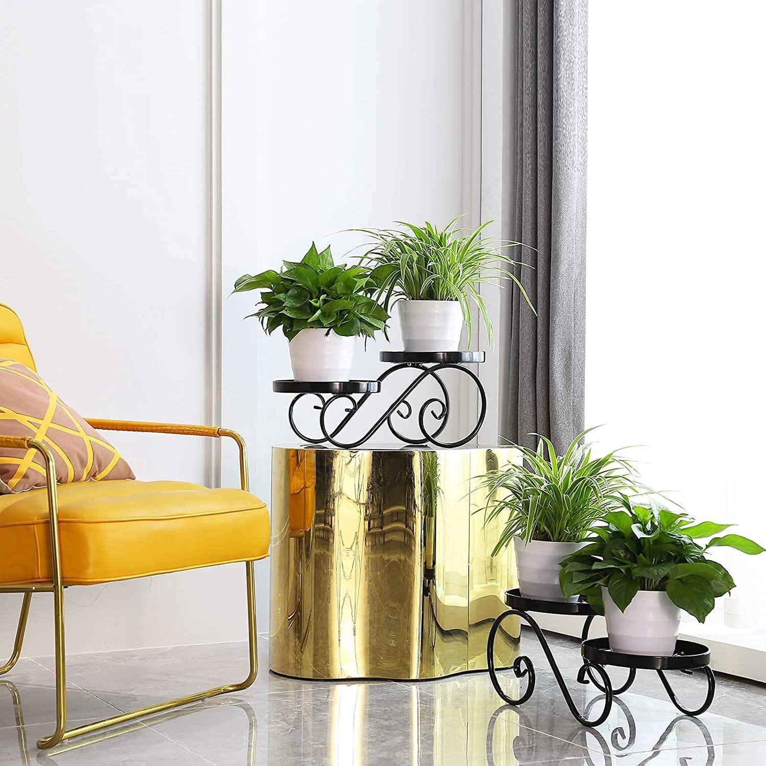 Plant Stand for Indoor Black Plant Stand Floor Flower Pot Plant Holder Indoor Outdoor Flower Rack Display for Flower Pot Metal Garden Container Round Supports Rack (2 Piece) - Ouch Cart