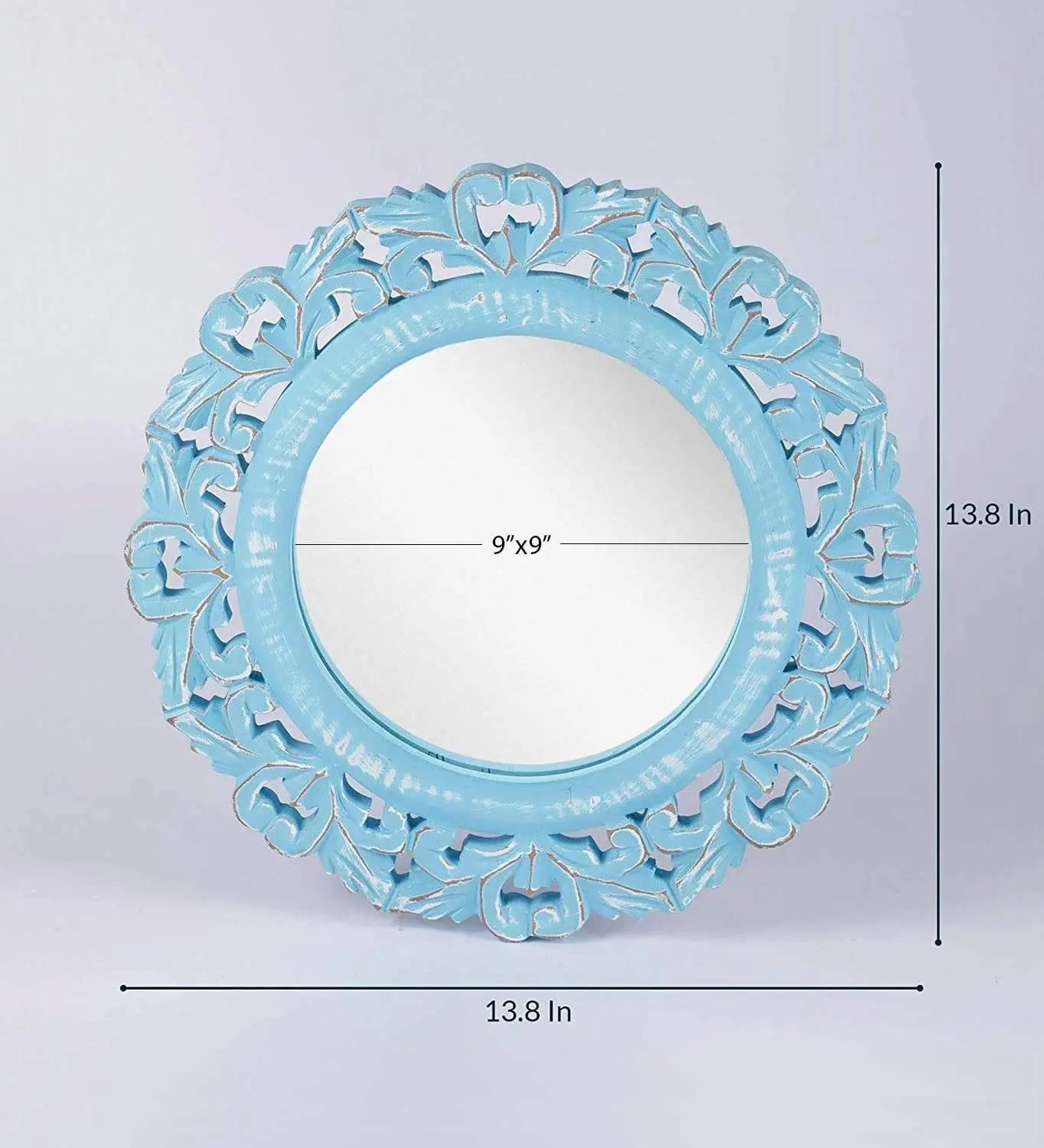 Wood Hand Crafted Round Shape Vanity Wall Mount Mirror Glass-Blue, 35X 35 X 1.5 cm, Framed - Ouch Cart