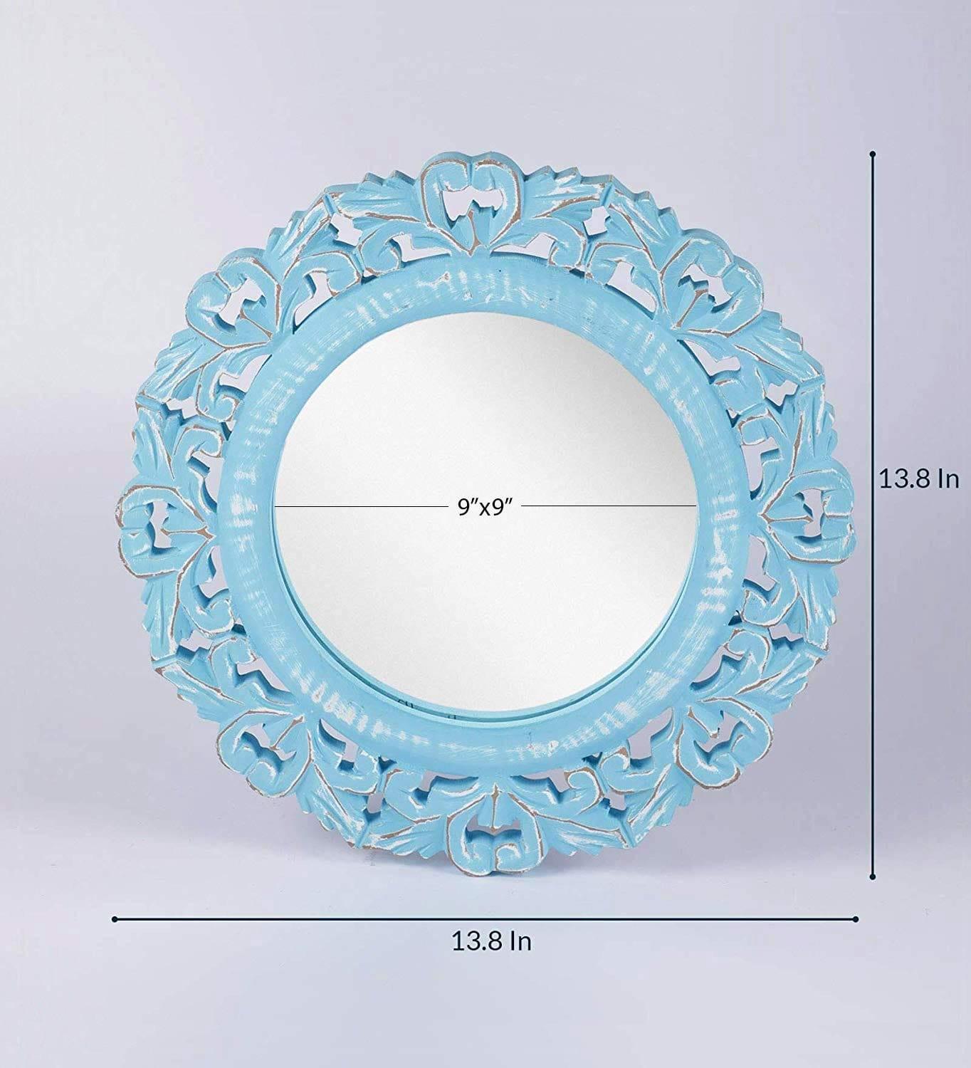 Wood Hand Crafted Round Shape Vanity Wall Mount Mirror Glass-Blue, 35X 35 X 1.5 cm, Framed - Ouch Cart