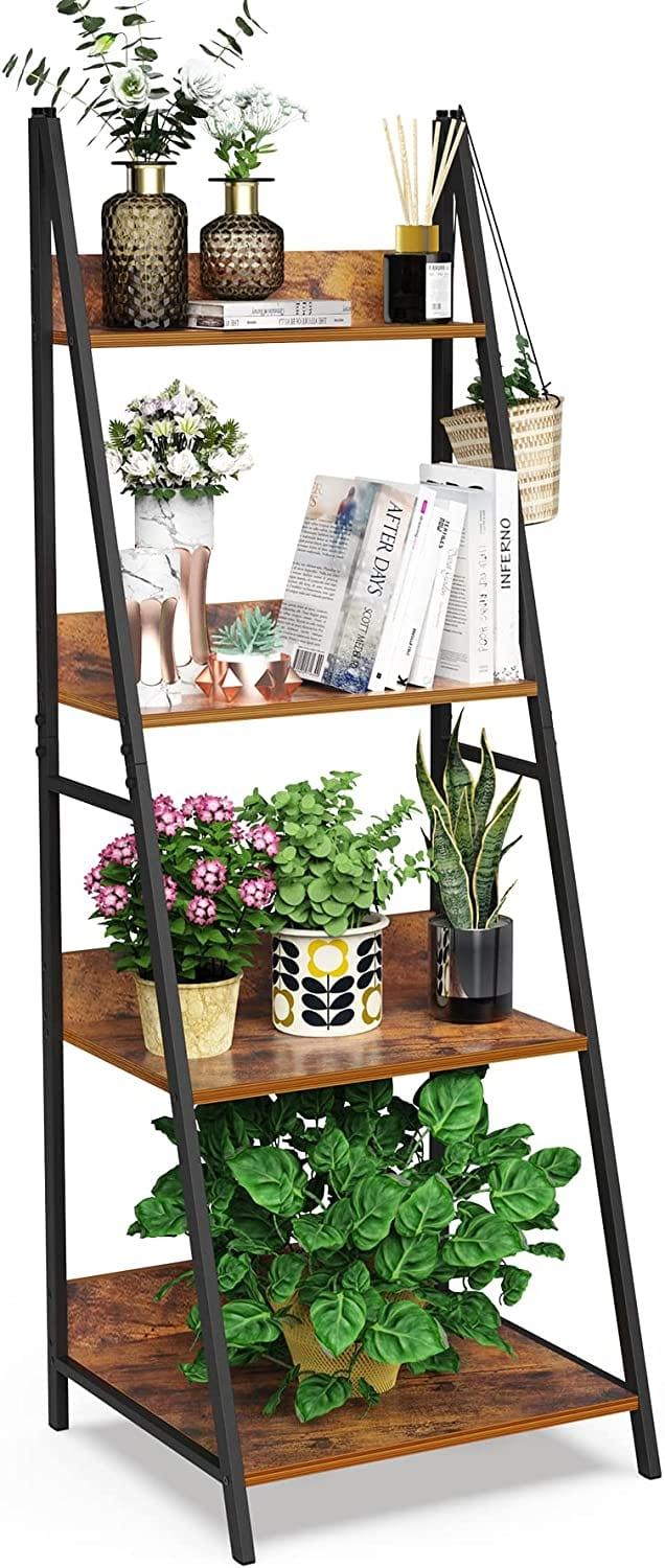 4-Tier Ladder Shelf, Wood Plant Flower Stand Storage Rack Shelf Steel Frame for Office and Home(Brown) - Ouch Cart