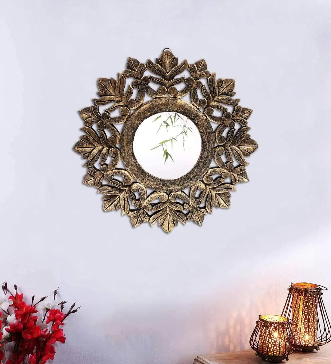 Handcrafted Wood Wall Mirror (40 cm x 40 cm x 2 cm, Black Gold) - Ouch Cart