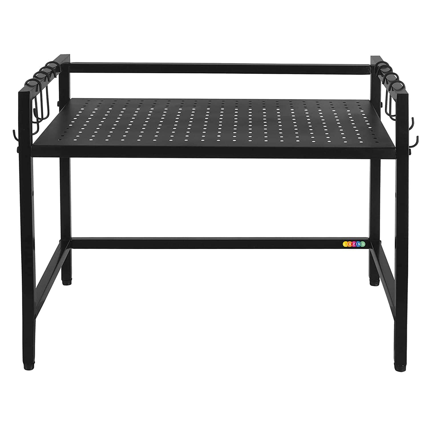 Metal Adjustable Countertop 2-Tier Microwave Oven Rack Organizer with Hooks - Ouch Cart