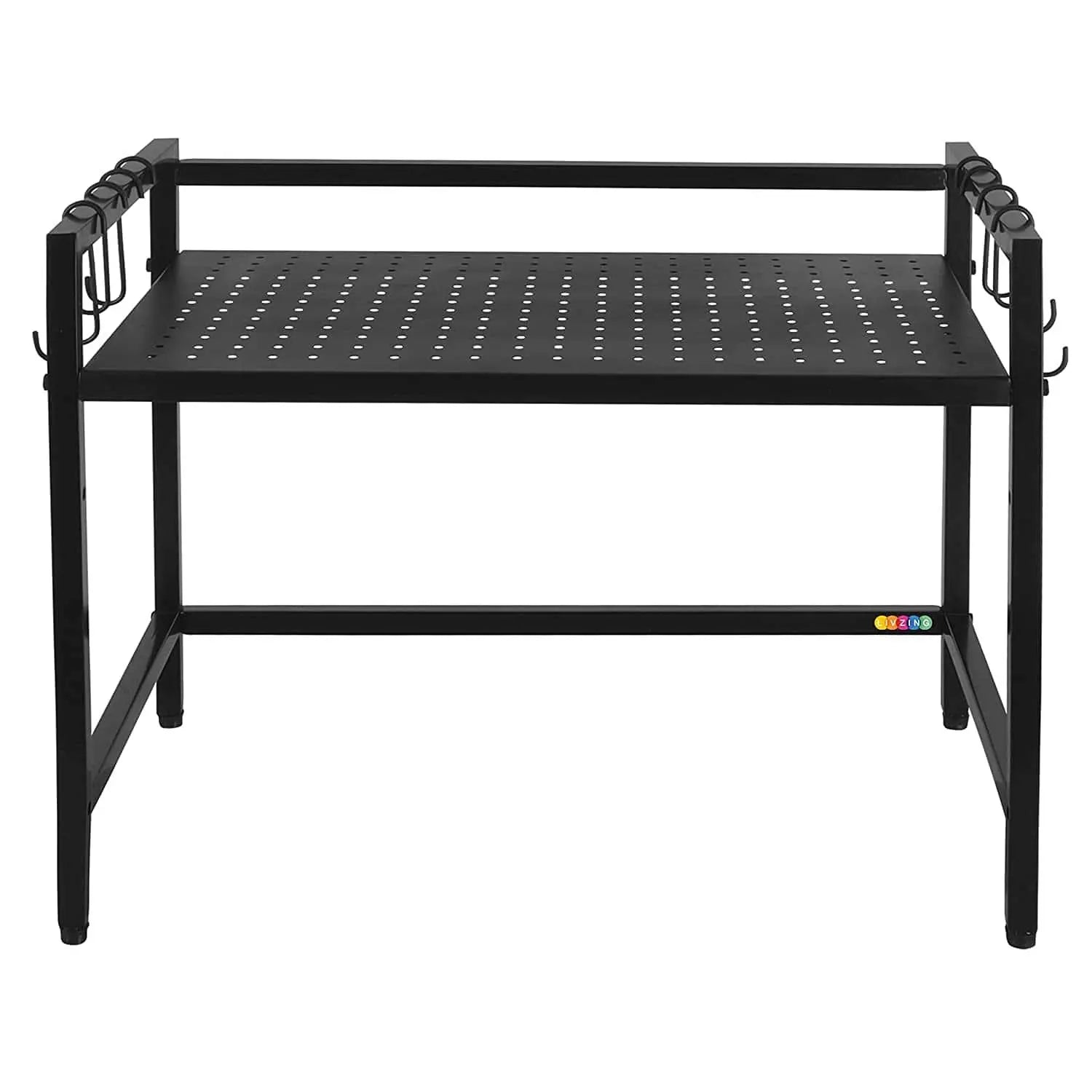Metal Adjustable Countertop 2-Tier Microwave Oven Rack Organizer with Hooks - Ouch Cart