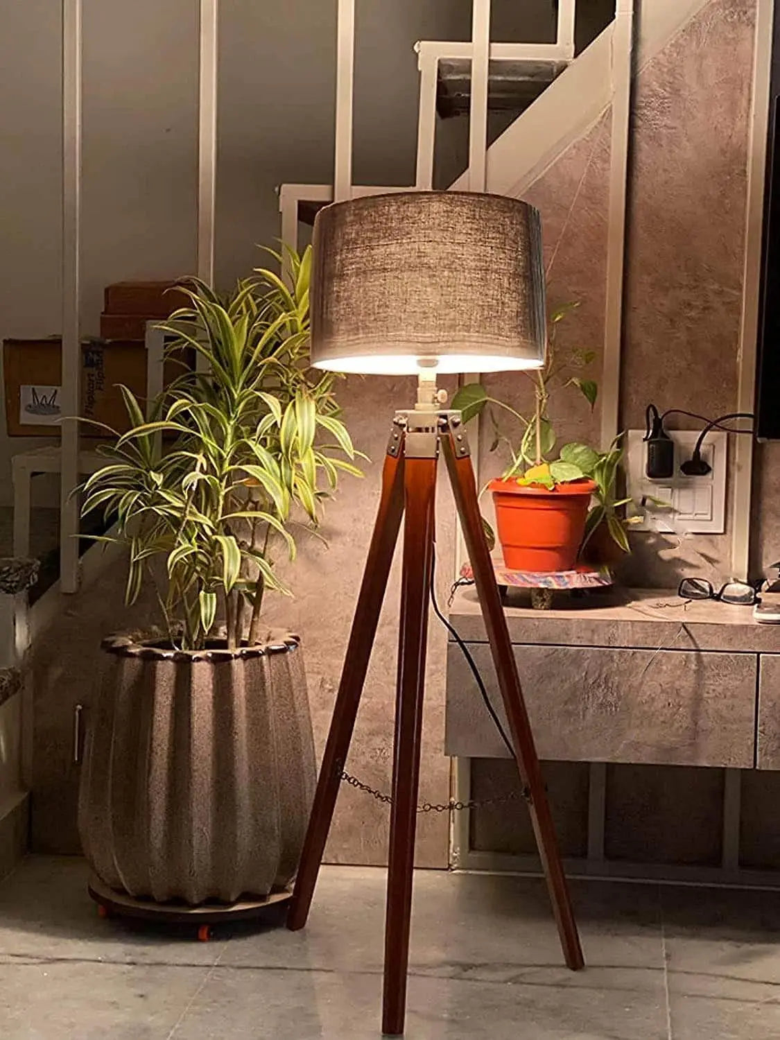 Floor Lamp for Living Room, Bed Room with Wooden Crafter Stand, Modern Decorative Lamp in Black Shade Brown Stand (Bulb Included) - Ouch Cart
