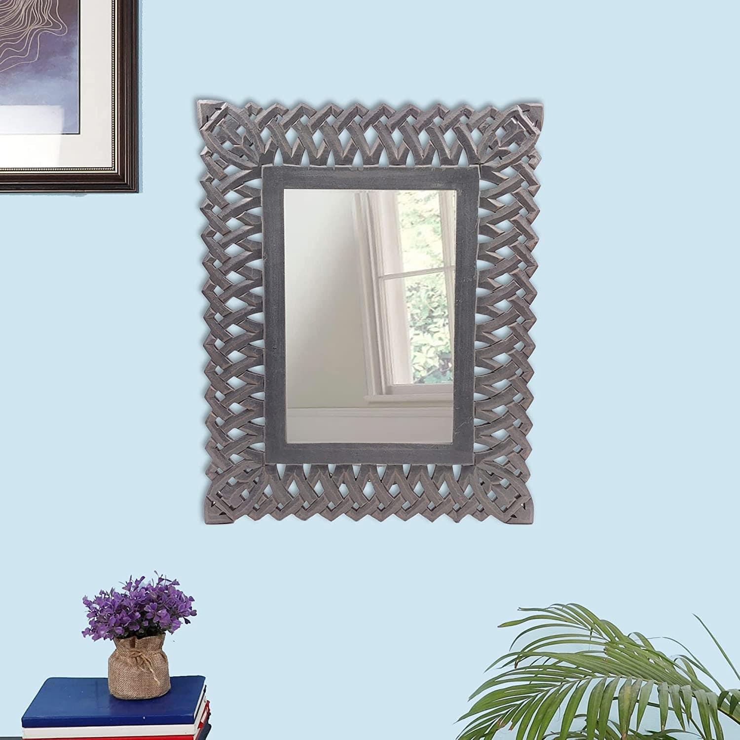 Decorative Hand Crafted Engineered Wooden Wall Mount Mirror Frame in Distressed Grey Finish - 20x16 Inch - Ouch Cart