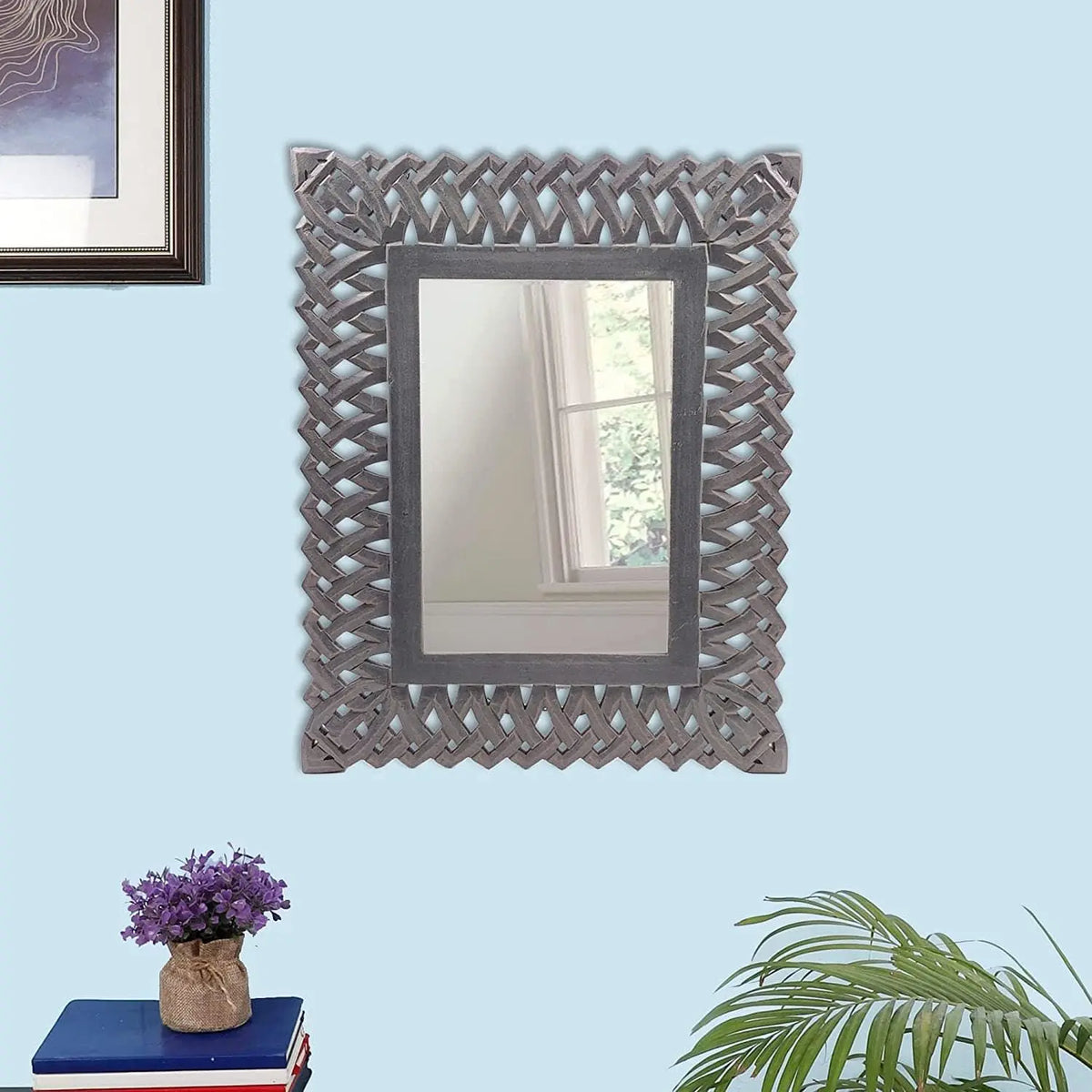 Decorative Hand Crafted Engineered Wooden Wall Mount Mirror Frame in Distressed Grey Finish - 20x16 Inch - Ouch Cart