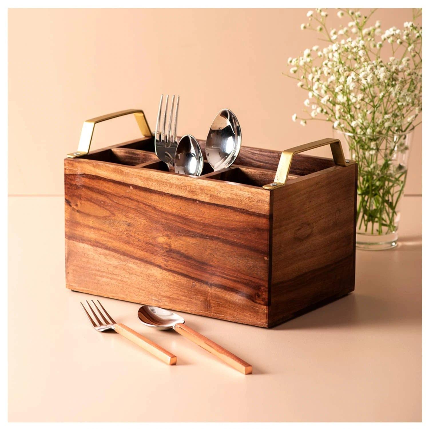 WOODEN CUTLERY STAND WITH IRON HANDLE || PREMIUM QUALITY || WATER RESISTANT - Ouch Cart