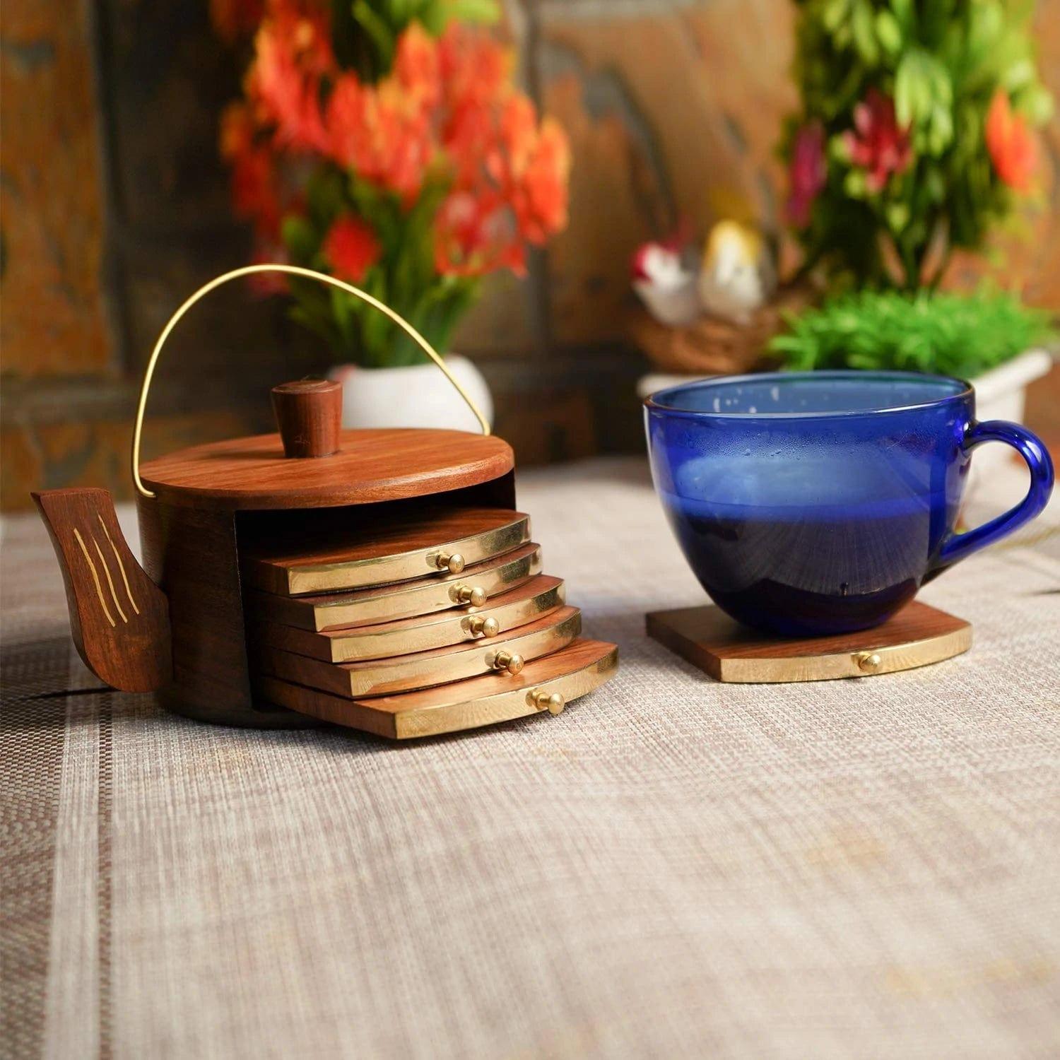 SHEESHAM WOOD KETTLE SHAPE COASTERS ( SET OF 6 ) FOR TEA CUPS/COFFEE CUPS - Ouch Cart