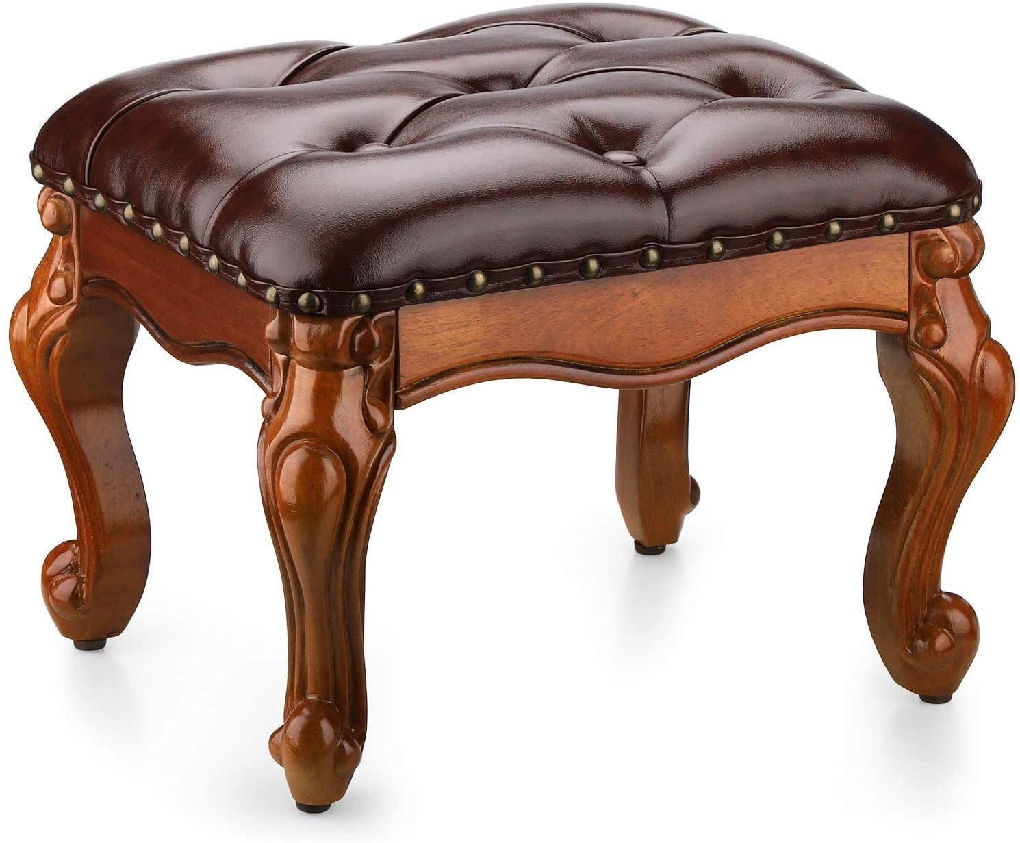 Small Footstool Ottoman Upholstered Footstool, Solid Rubber Wood/Living Room Stool. (Brown) - Ouch Cart