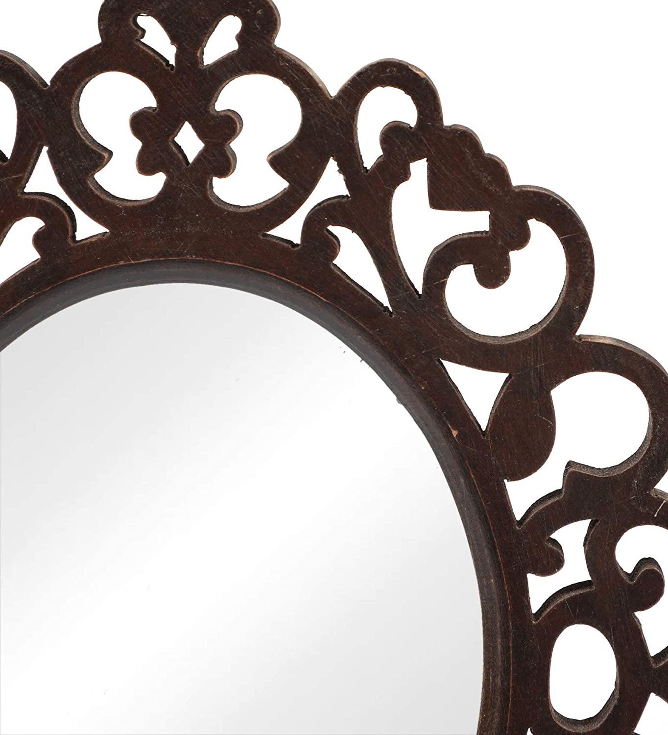 Engineered Wood Oval Decorative Wall Mount Mirror (18 x 14 inch, Brown), Model: TUS-MR-47, Framed - Ouch Cart
