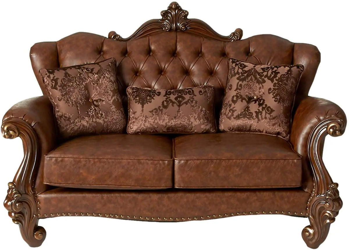 Versailles Loveseat w/3 Pillows Tone Light Brown PU & Cherry - Ouch Cart