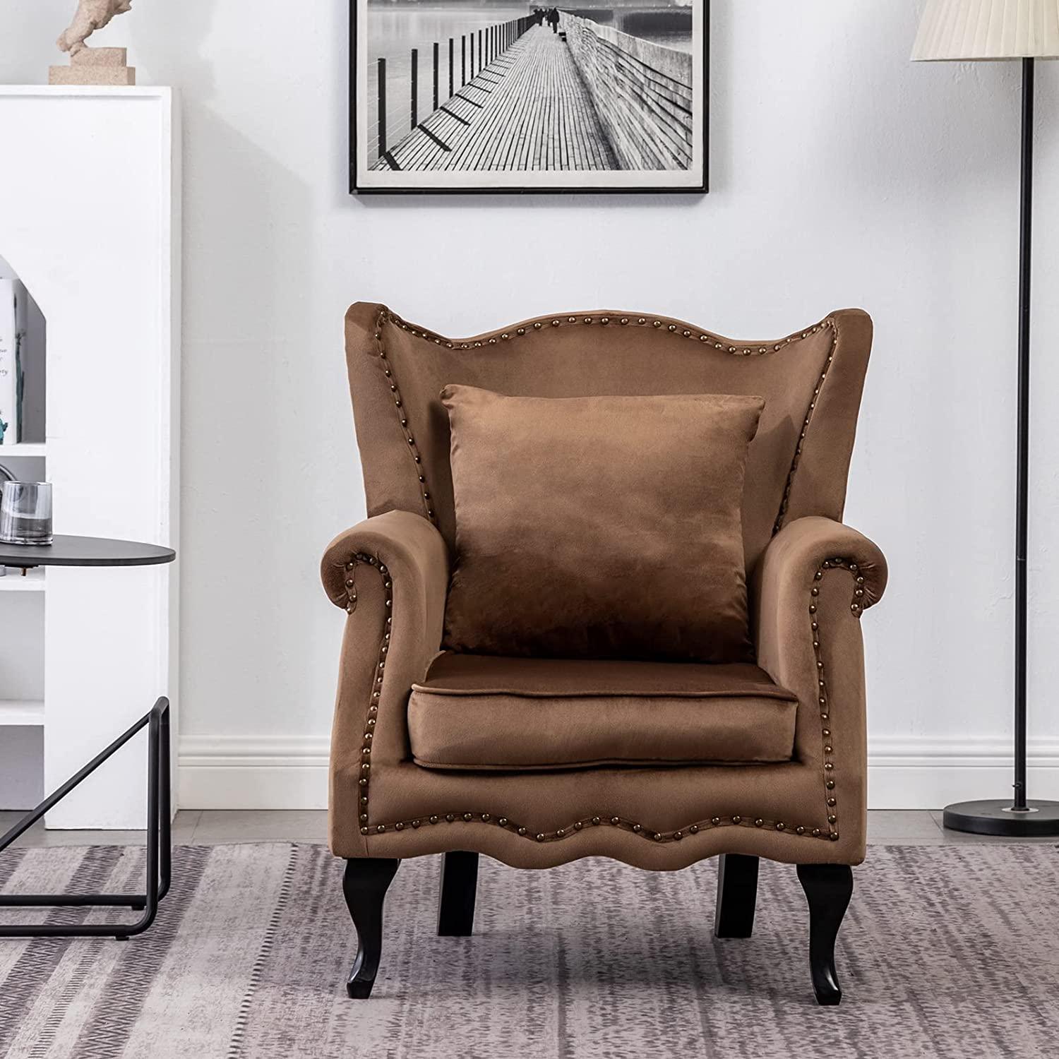 Modern Armchair with Pillow, Retro Button Tufted Upholstered Lounge Seat, Comfy Wooden Frame Reading Chair for Living Room, Bedroom, Brown - Ouch Cart