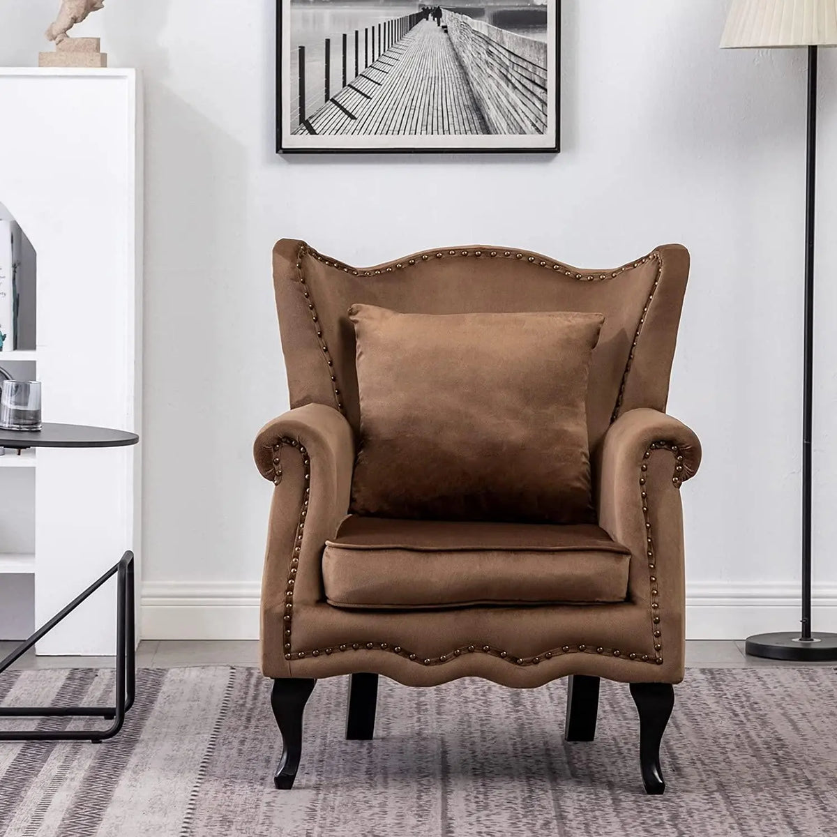 Modern Armchair with Pillow, Retro Button Tufted Upholstered Lounge Seat, Comfy Wooden Frame Reading Chair for Living Room, Bedroom, Brown - Ouch Cart