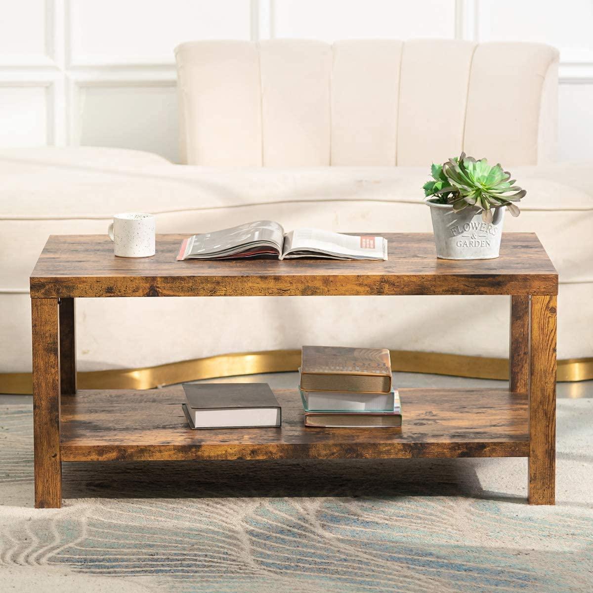 Rustic Farmhouse Coffee Table, Living Room Table with Storage Shelf, Two-Tier Coffee Table for Living Room - Ouch Cart