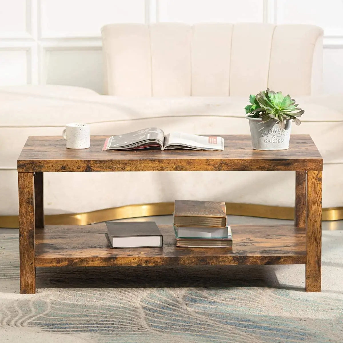 Rustic Farmhouse Coffee Table, Living Room Table with Storage Shelf, Two-Tier Coffee Table for Living Room - Ouch Cart