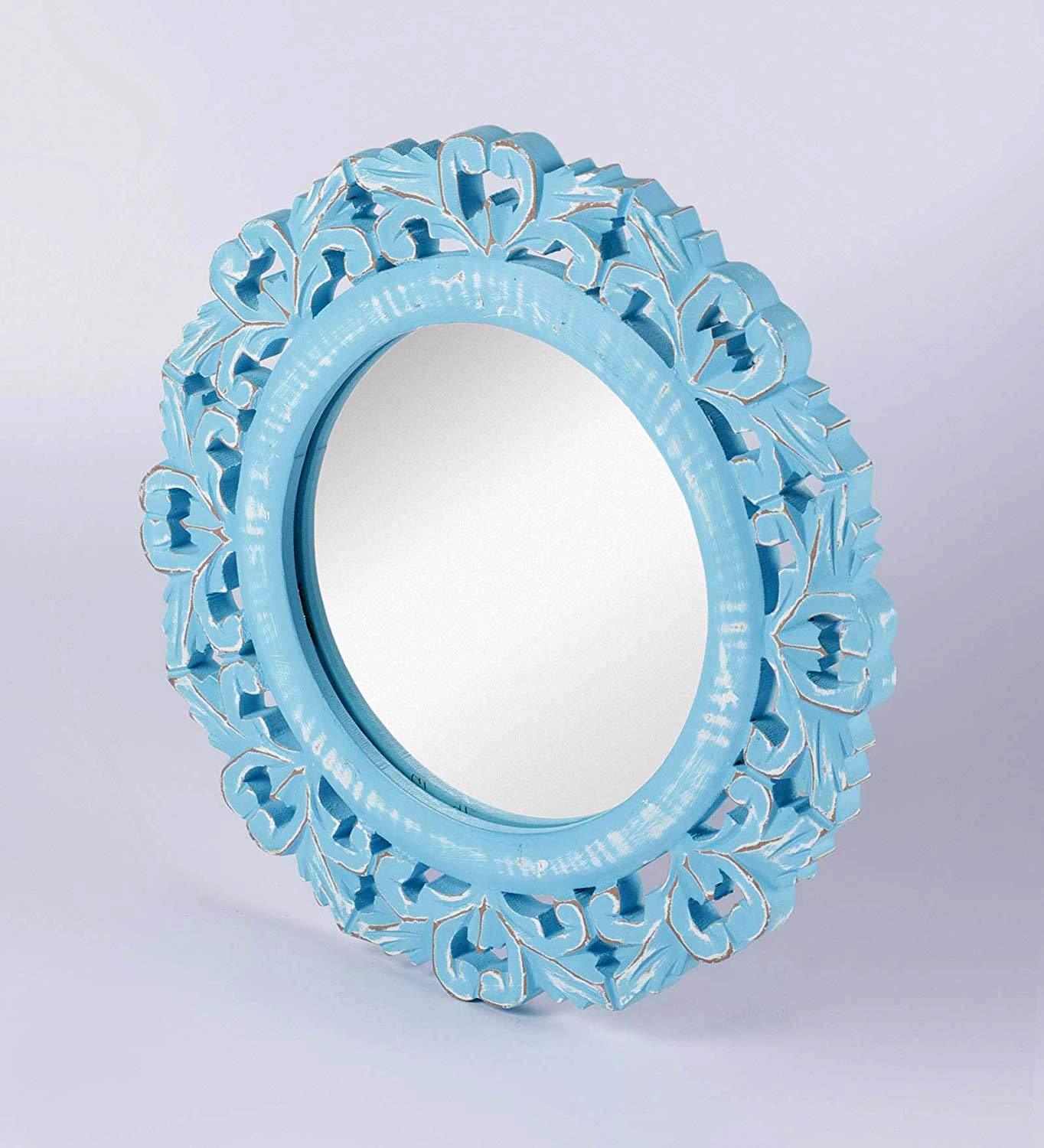 Wood Hand Crafted Round Shape Vanity Wall Mount Mirror Glass-Blue, 35X 35 X 1.5 cm, Framed - Ouch Cart