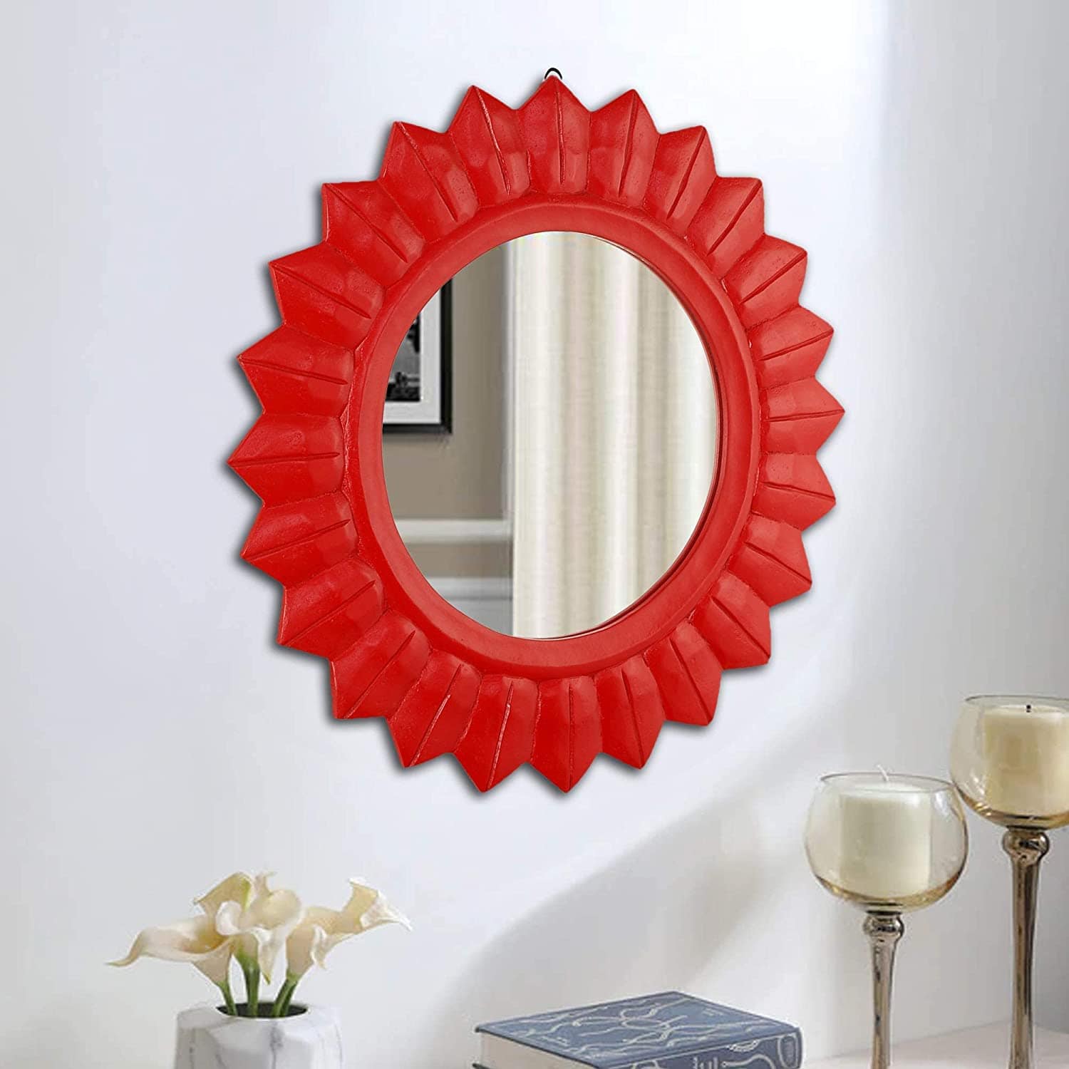 Handcrafted Wood Wall Mirror (50.8 cm x 50.8 cm x 2.5 cm, Red)