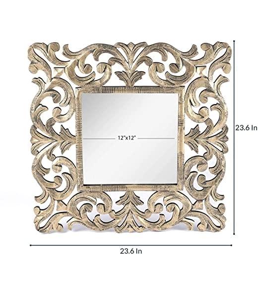 Wood Decorative Hand Crafted Mirror, 24 X Inch (Gold), Square, Wall Mount, Framed - Ouch Cart