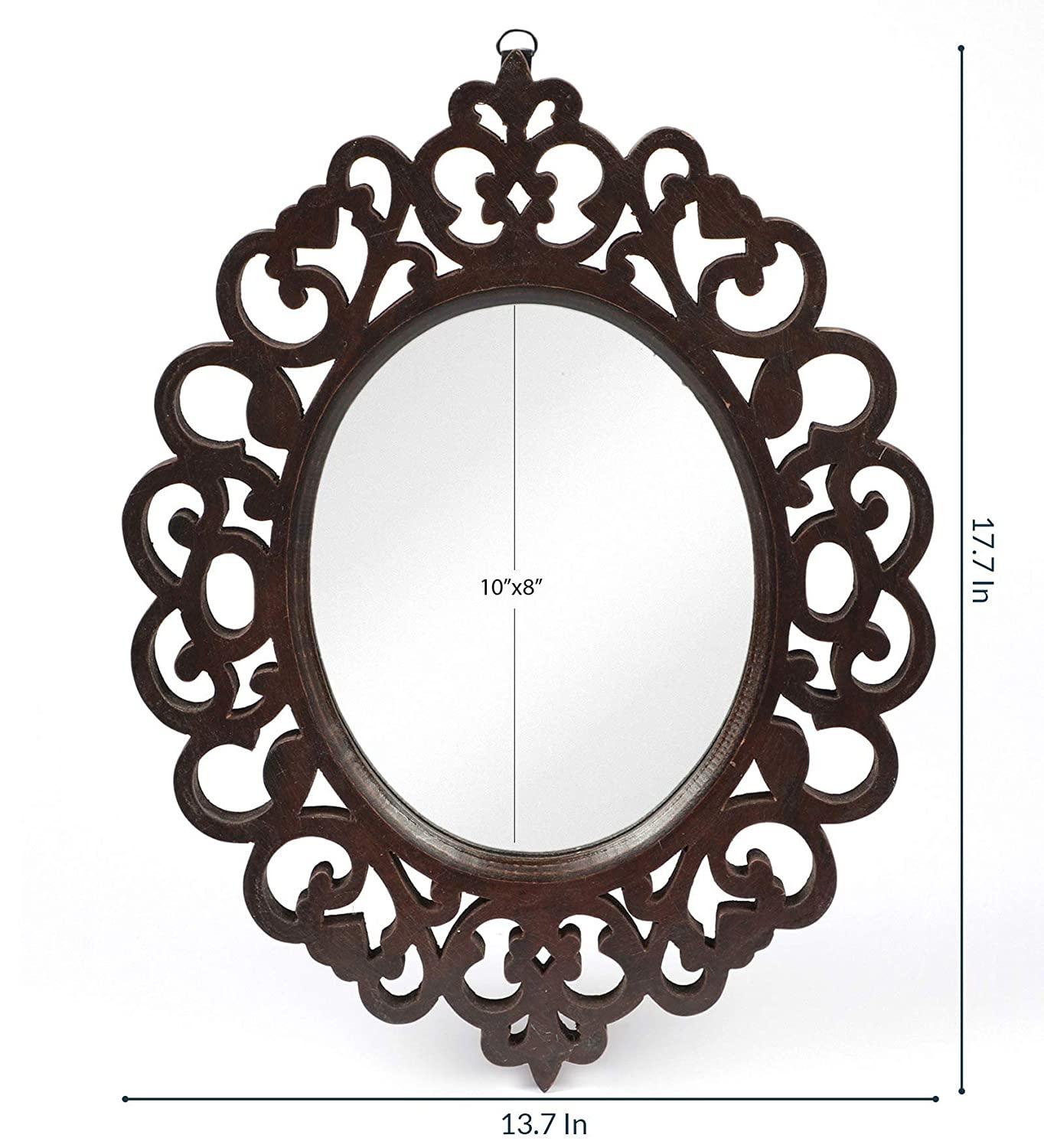 Engineered Wood Oval Decorative Wall Mount Mirror (18 x 14 inch, Brown), Model: TUS-MR-47, Framed - Ouch Cart