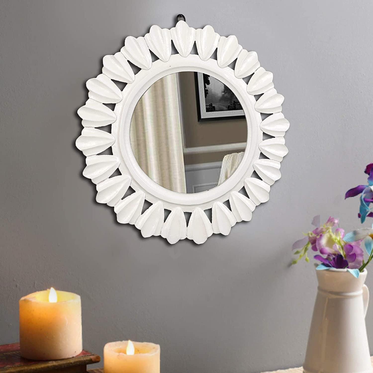 Decorative and Hand Crafted Wooden Wall Mirror in Duco White Finish - 20” x 20" - Ouch Cart