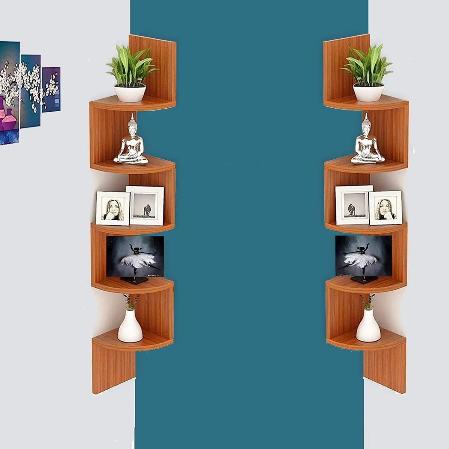 Wooden Wall Shelves | Corner Hanging Shelf for Living Room Stylish | Zig Zag Home Decor Floating Display Rack Storage Organizer Unique Design with Brown Finish 5 Tiers (Set of 2) - Ouch Cart