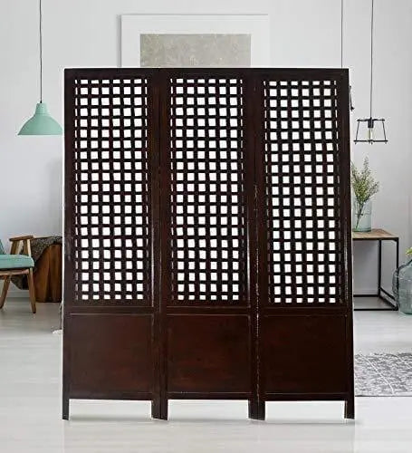 Solid Wood 3 Panel Room Wooden Partition (Brown) for Living Room - Ouch Cart