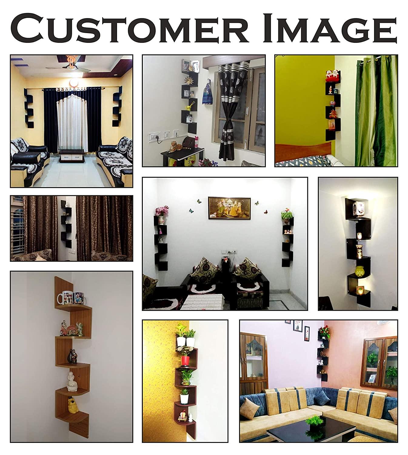 Wooden Wall Shelves | Corner Hanging Shelf for Living Room Stylish | Zig Zag Home Decor Floating Display Rack Storage Organizer Unique Design with Brown Finish 5 Tiers (Set of 2) - Ouch Cart