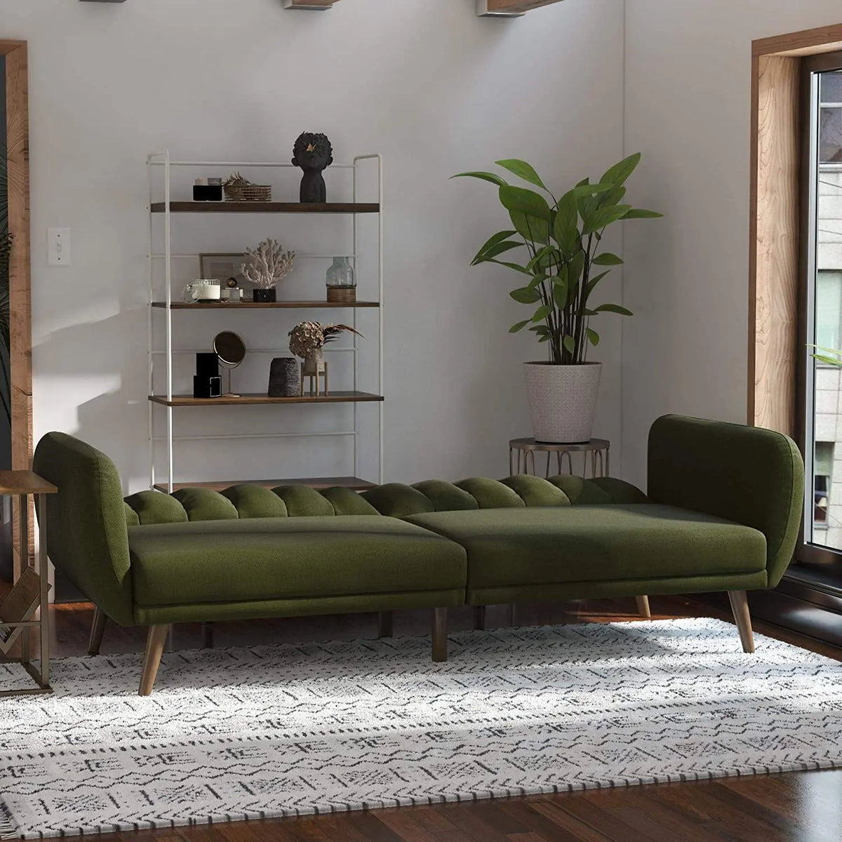 Sofa Futon - Premium Upholstery and Wooden Legs - Green - Ouch Cart