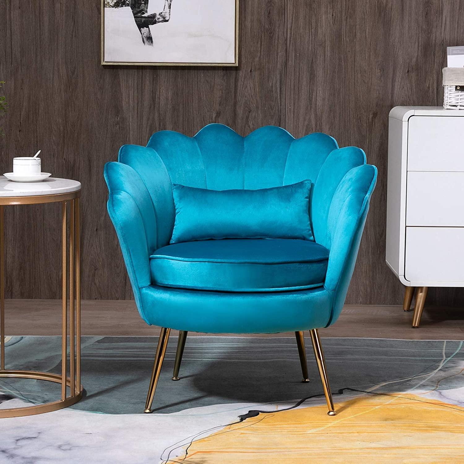 Azure Blue Velvet Chair with Lumbar Pillow for Bedroom, Accent Chair Mid Century Modern Vanity Chair for Living Room, Fabric Upholstered Arm Chair Guest Chair with Golden Metal Legs - Ouch Cart