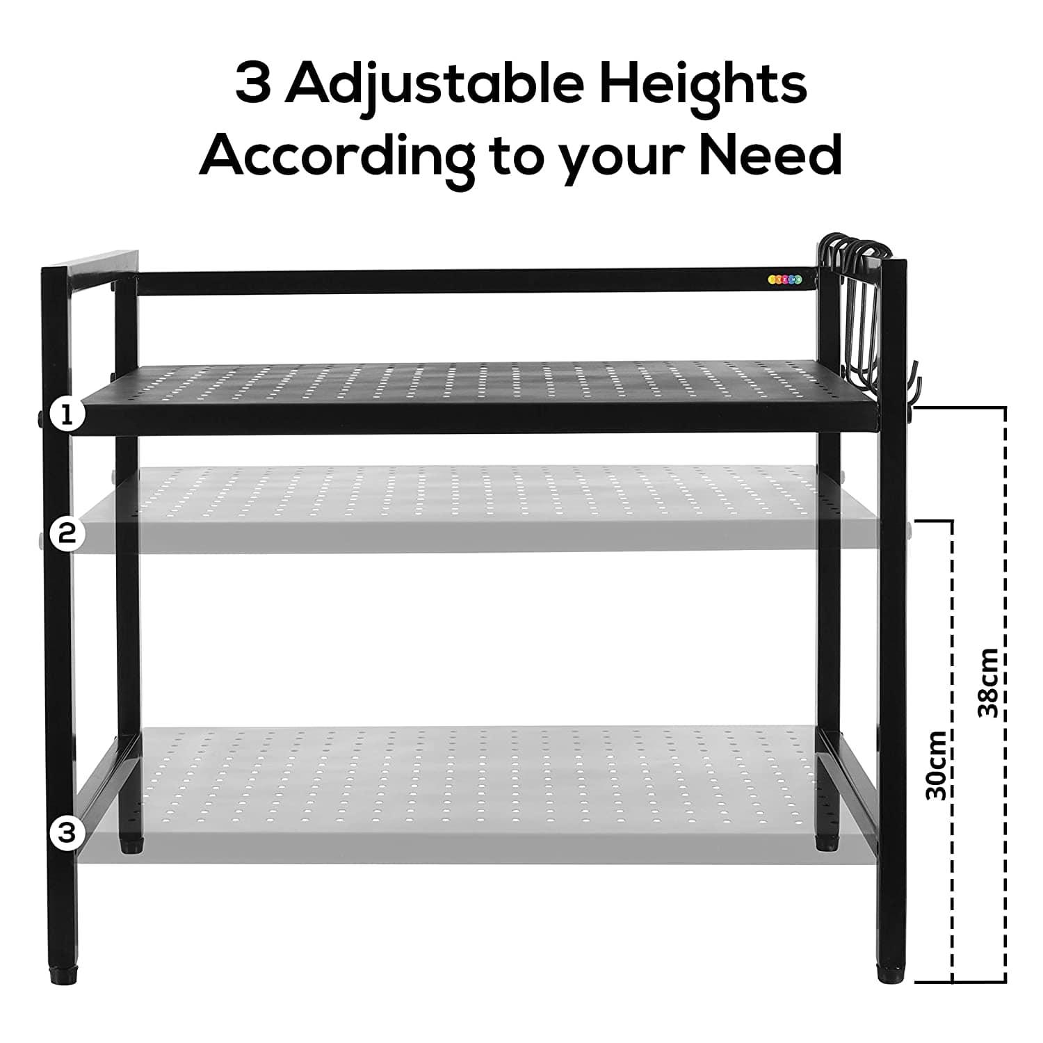 Metal Adjustable Countertop 2-Tier Microwave Oven Rack Organizer with Hooks - Ouch Cart