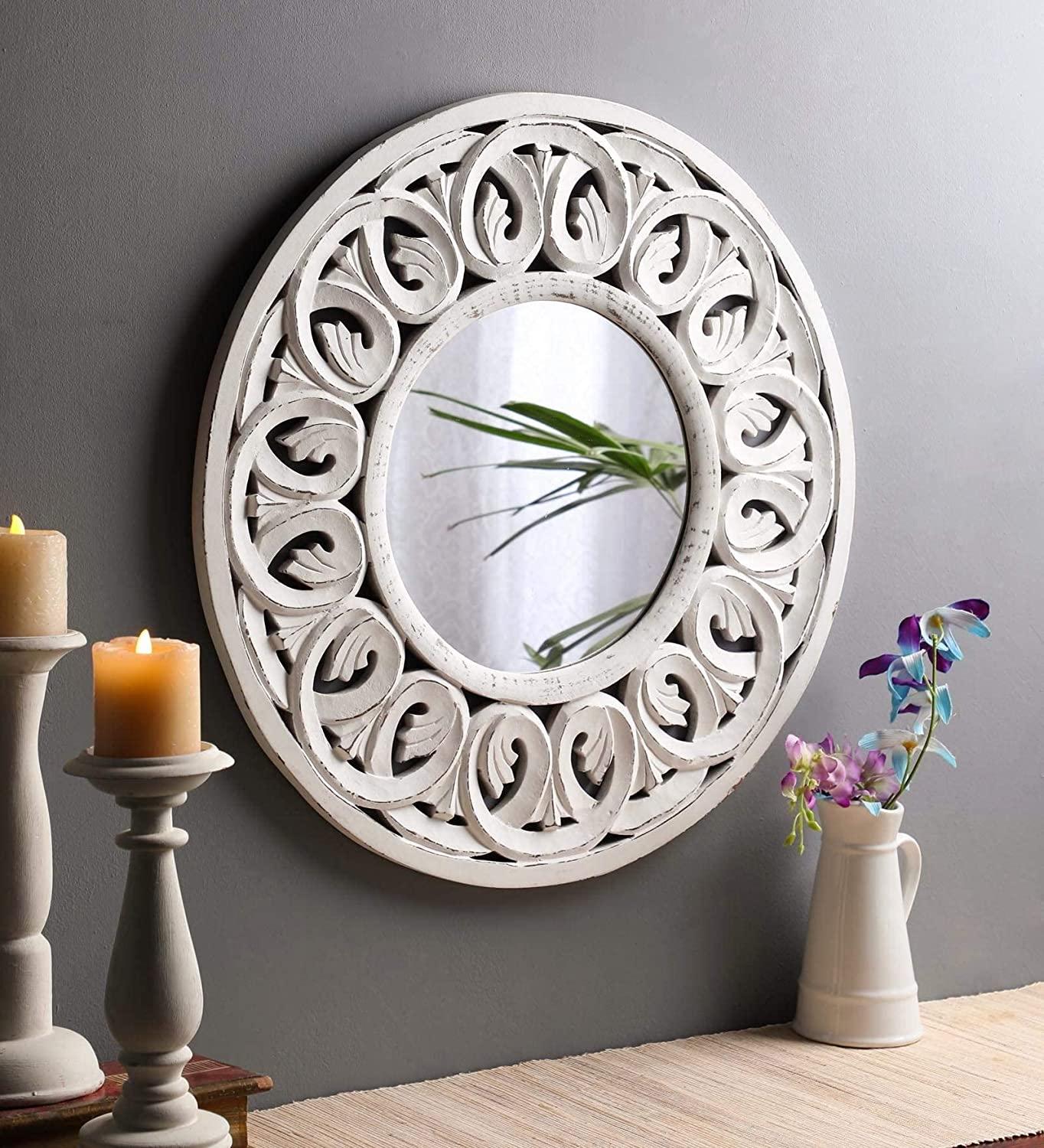 Handcrafted Wood Wall Mirror (60 cm x 60 cm x 2 cm, White) - Ouch Cart