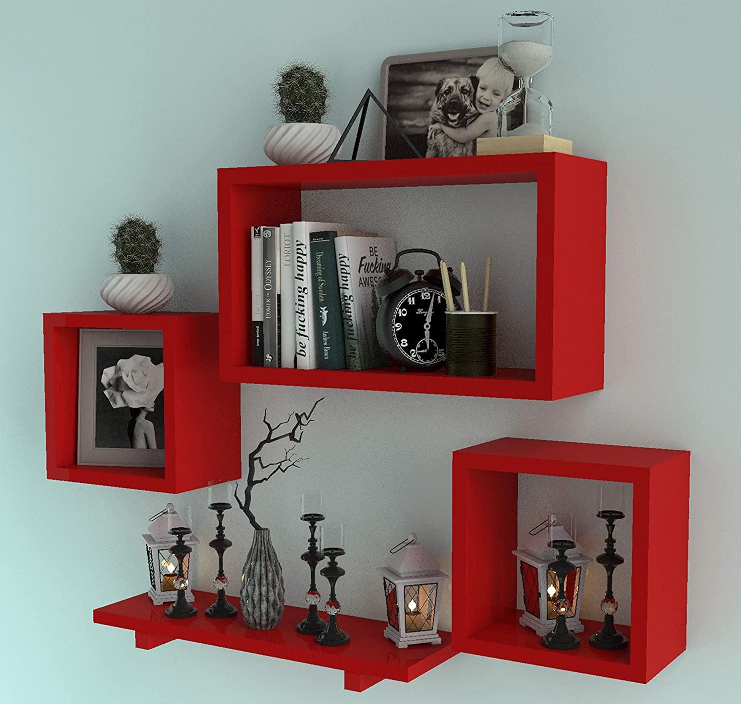 Wooden Floating Wall Shelf with 4 Shelves - MDF Wall Mounted Shelf for Living Room, Bedroom, Office Decor - Ouch Cart