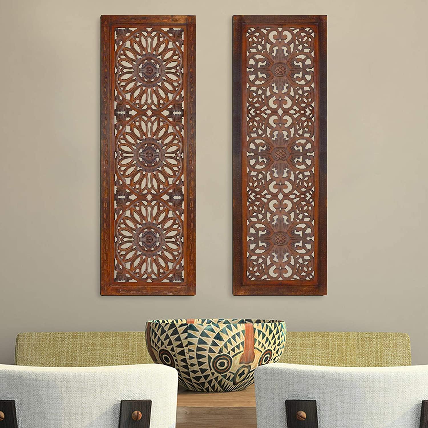 2 Piece Mango Wood Wall Panel Set with Mendallion Carving, Rectangle, Burnt Brown - Ouch Cart