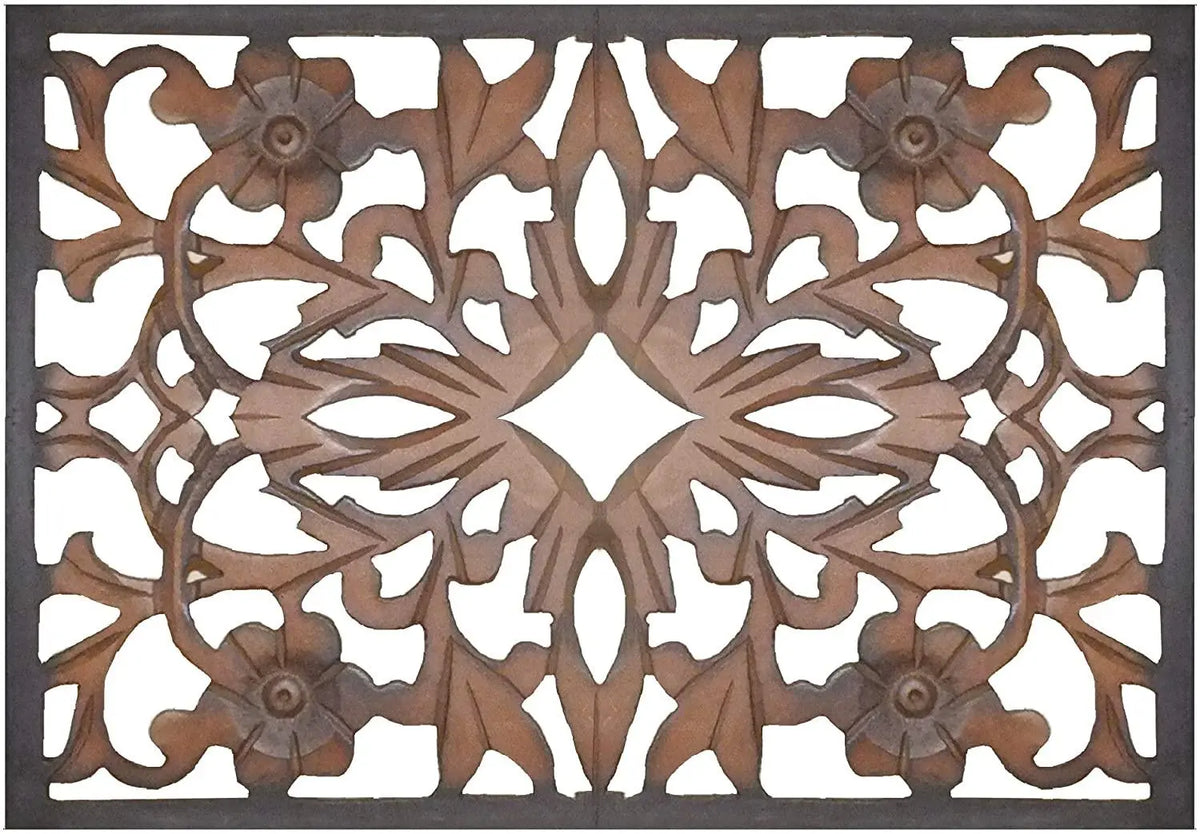 Rectangular Wall Panel with Intricate Floral Carvings, Rectangle, Black and Brown - Ouch Cart