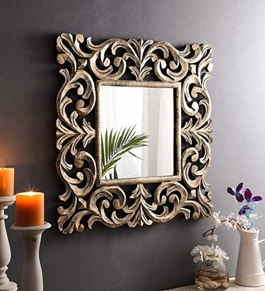 Wood Decorative Hand Crafted Mirror, 24 X Inch (Gold), Square, Wall Mount, Framed - Ouch Cart