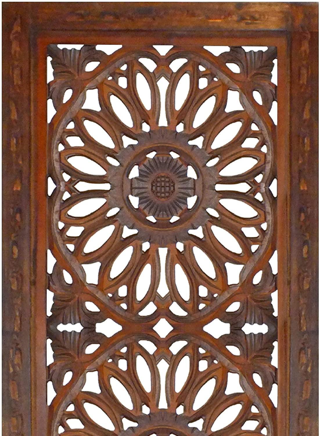 2 Piece Mango Wood Wall Panel Set with Mendallion Carving, Rectangle, Burnt Brown - Ouch Cart