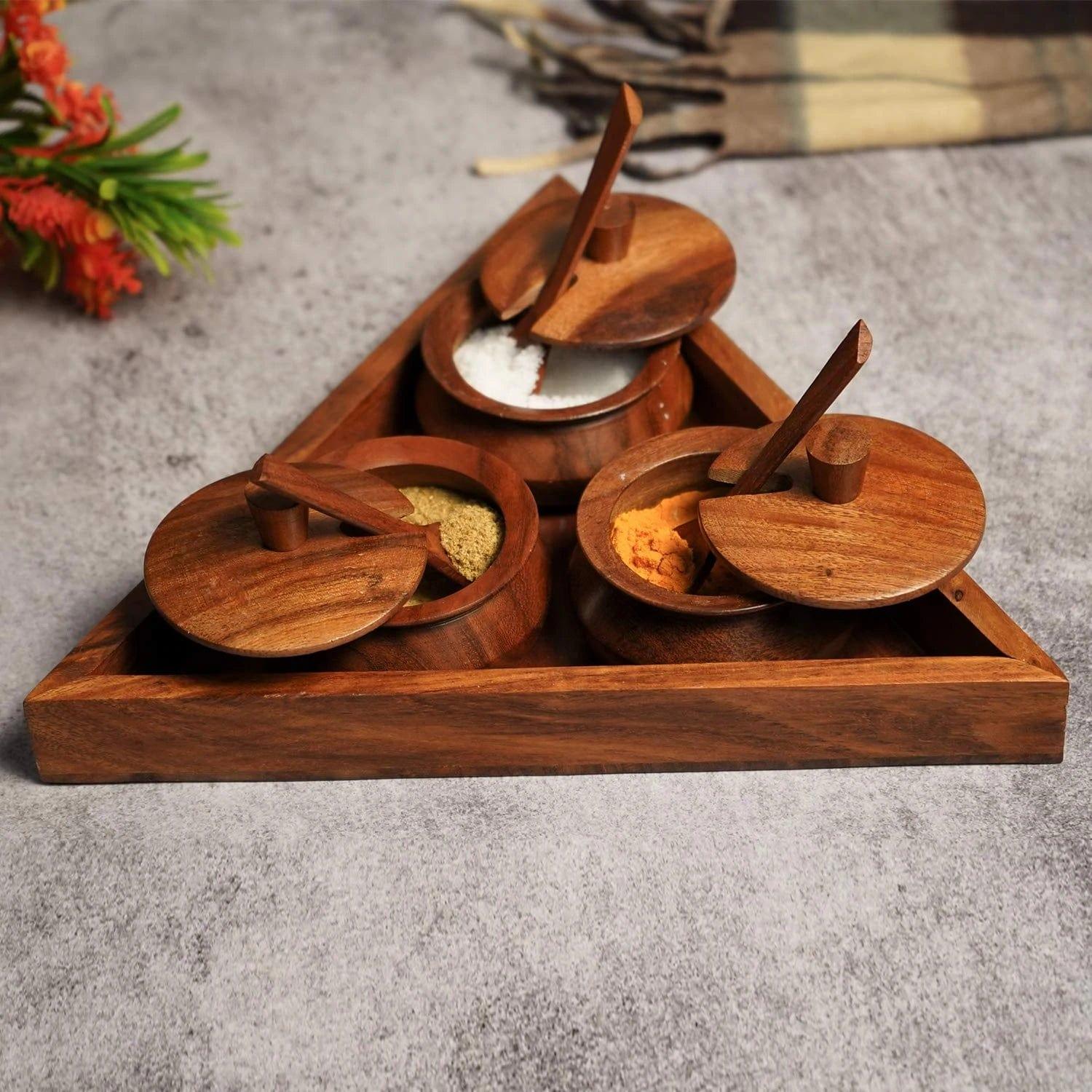 SHEESHAM WOOD TRIANGULAR CONTAINER TRAY SET WITH SPOONS - Ouch Cart