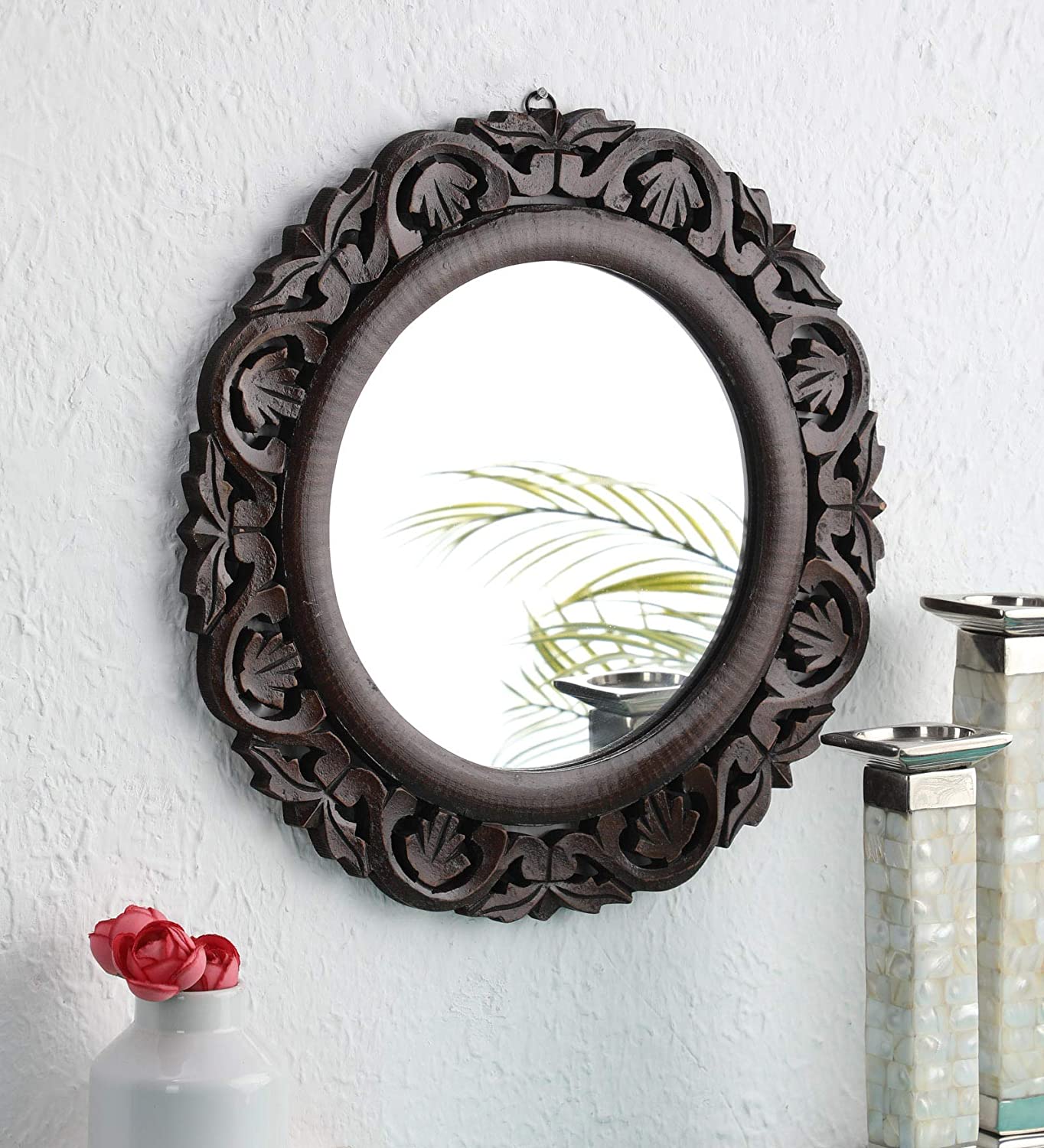 Hand Crafted Wooden Round Shape Vanity Wall Mount Mirror- Brown, 16 X 16 Inches, Framed