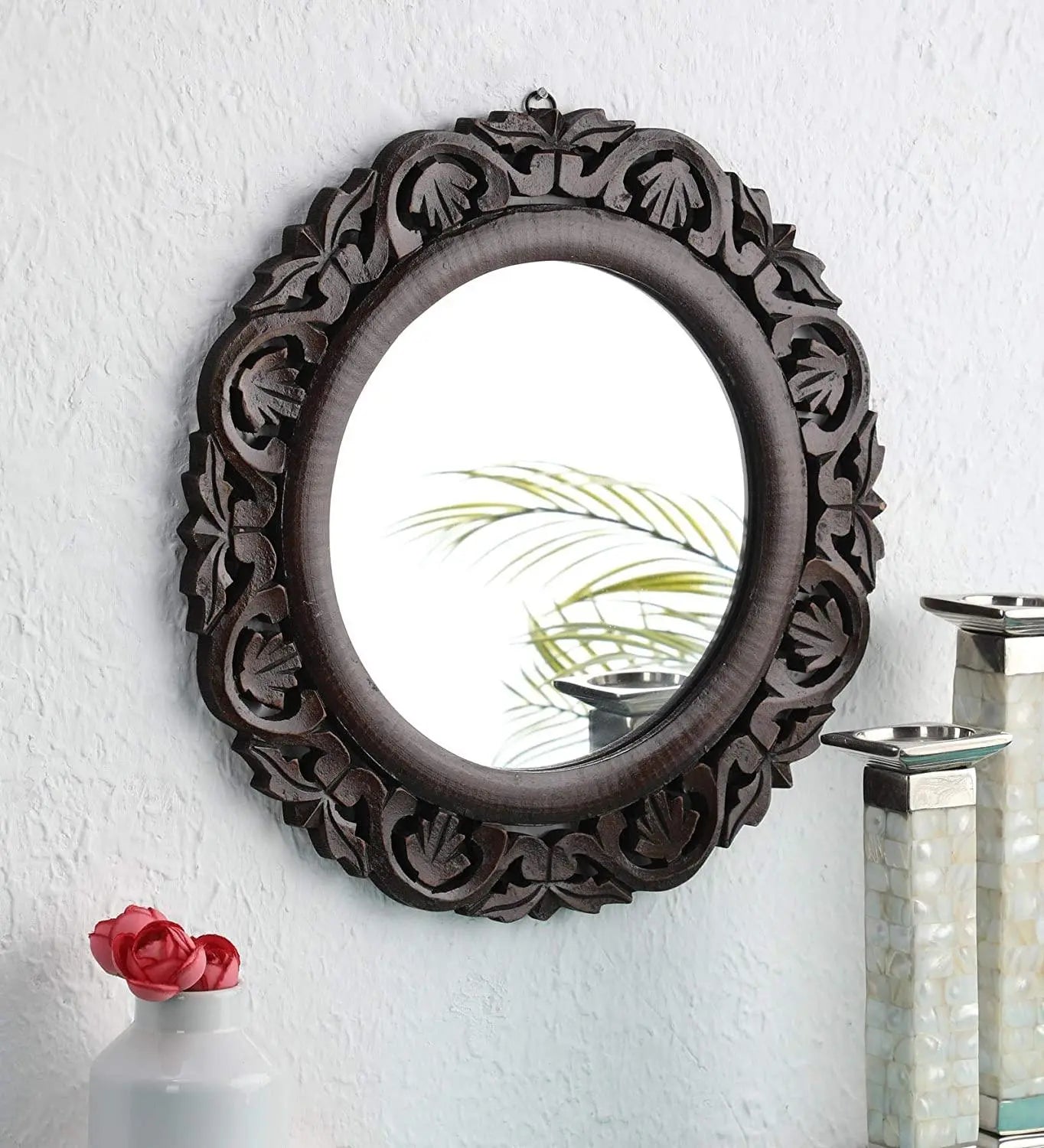 Hand Crafted Wooden Round Shape Vanity Wall Mount Mirror- Brown, 16 X 16 Inches, Framed - Ouch Cart