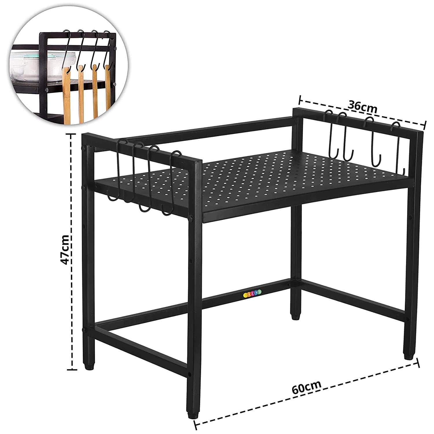Metal Adjustable Countertop 2-Tier Microwave Oven Rack Organizer with Hooks - Ouch Cart