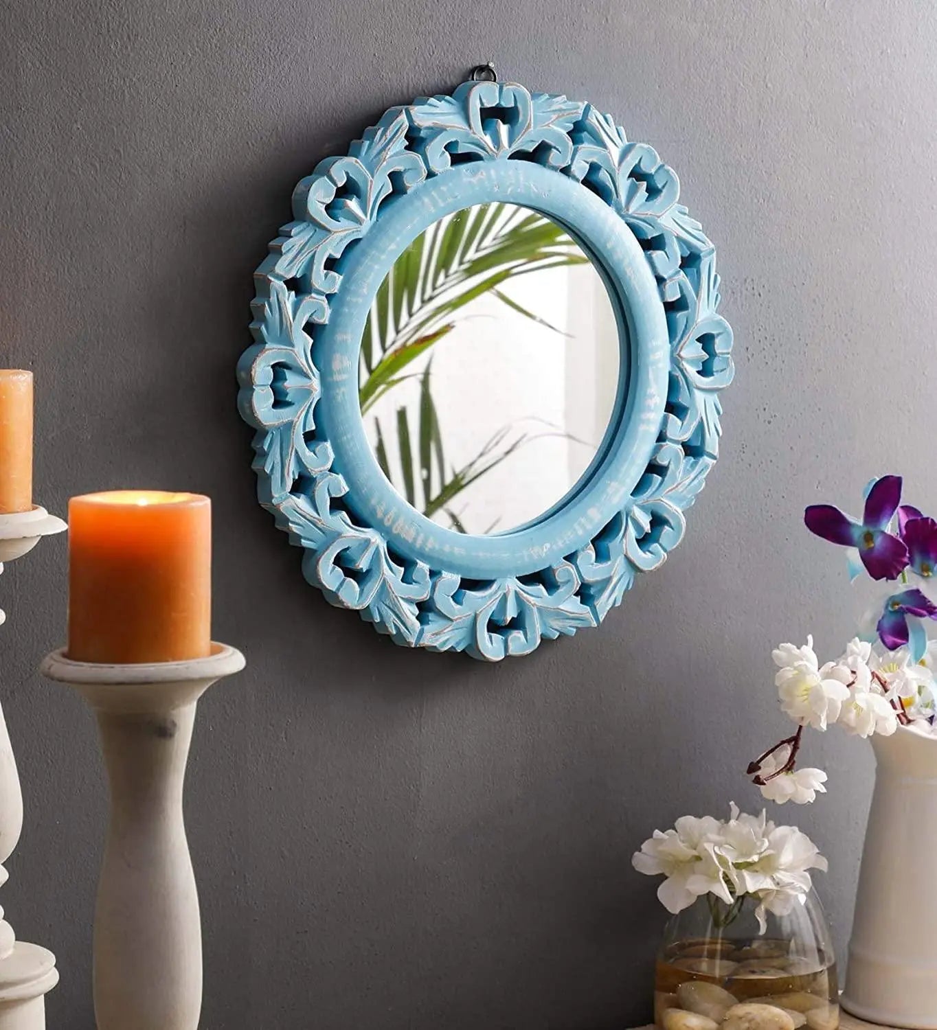 Wood Hand Crafted Round Shape Vanity Wall Mount Mirror Glass-Blue, 35X 35 X 1.5 cm, Framed - Ouch Cart
